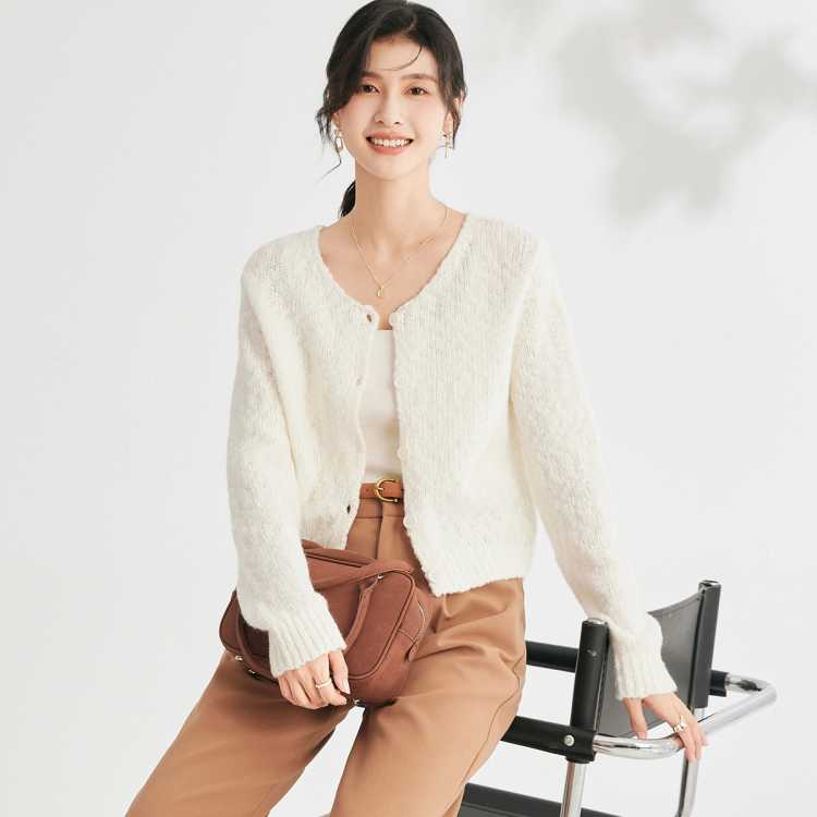 金菊 【反季好价】春秋毛衣纯色开衫圆领长袖女式羊毛衫外套通勤百搭