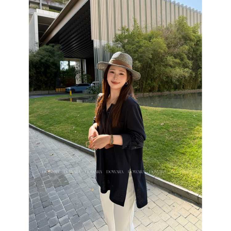 大婉酱 【分叉长版棉T】微胖大码半开领设计感宽松26新女开叉长袖T恤