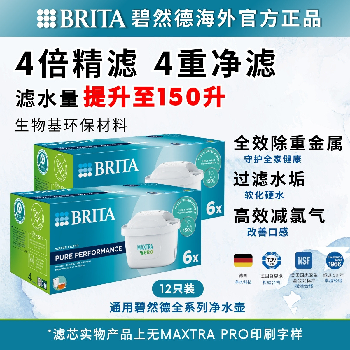 BRITA 海外版Maxtra Pro升级版通用碧然德净水壶便携净水滤芯