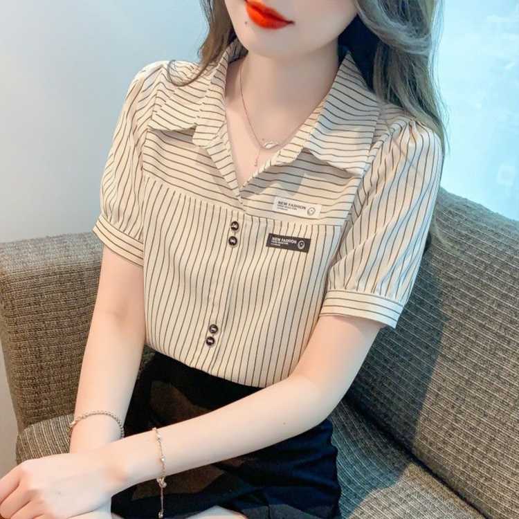 OopsCiah 小众休闲女式衬衫夏季撞色条纹衬衫女短袖时尚衬衣设计感宽松显瘦