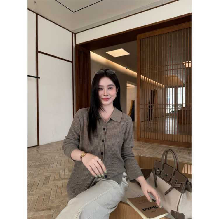 大婉酱 【老钱华夫格开衫】聚会逛街含羊毛翻领针织衫26秋新女百搭上衣