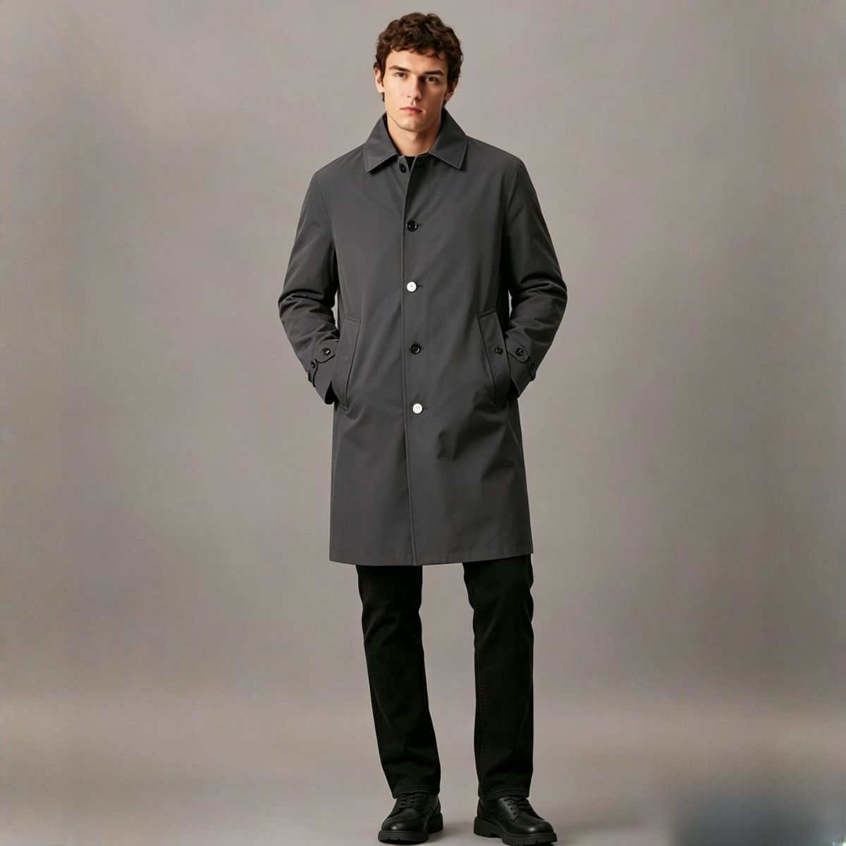 BURBERRY 【内衬经典格纹】男式轻便型纯色单排扣中长风衣外套