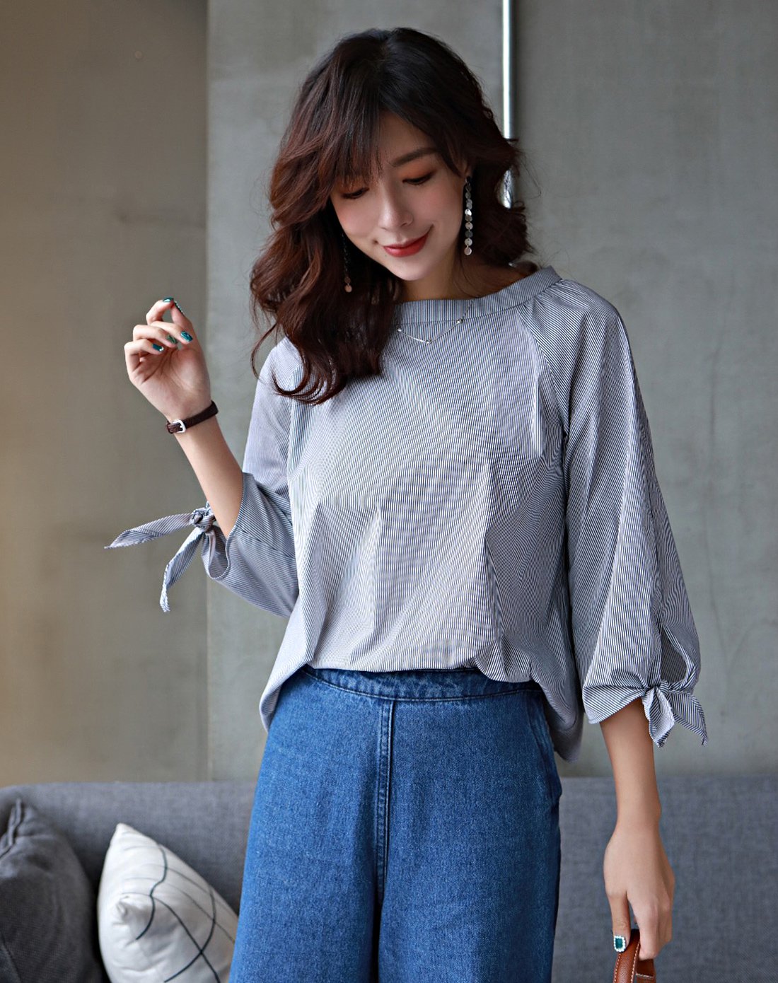 2018春季新款日系条纹休闲蝴蝶袖时尚上衣