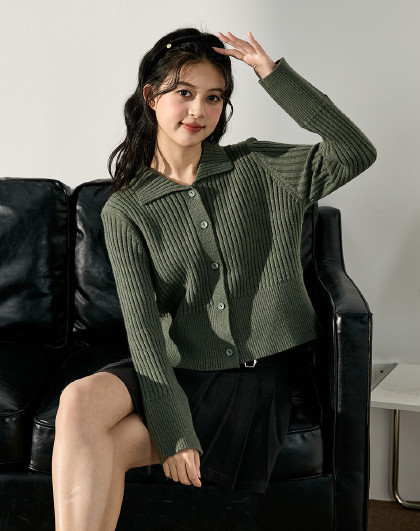 2024秋冬女女翻领修身毛线衫毛衣显瘦复古百搭韩版休闲时尚