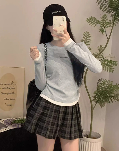 2024冬季女圆领下摆拼接假两件长袖打底衫T恤气质设计感休闲