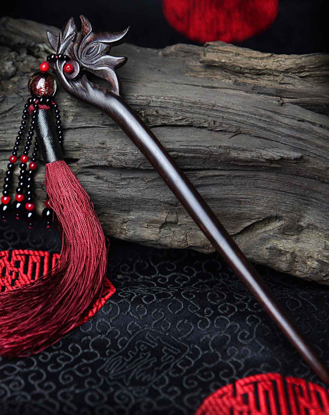 凤凰涅磐 祁莲 原创设计时尚民族风黑檀木红色流苏发簪