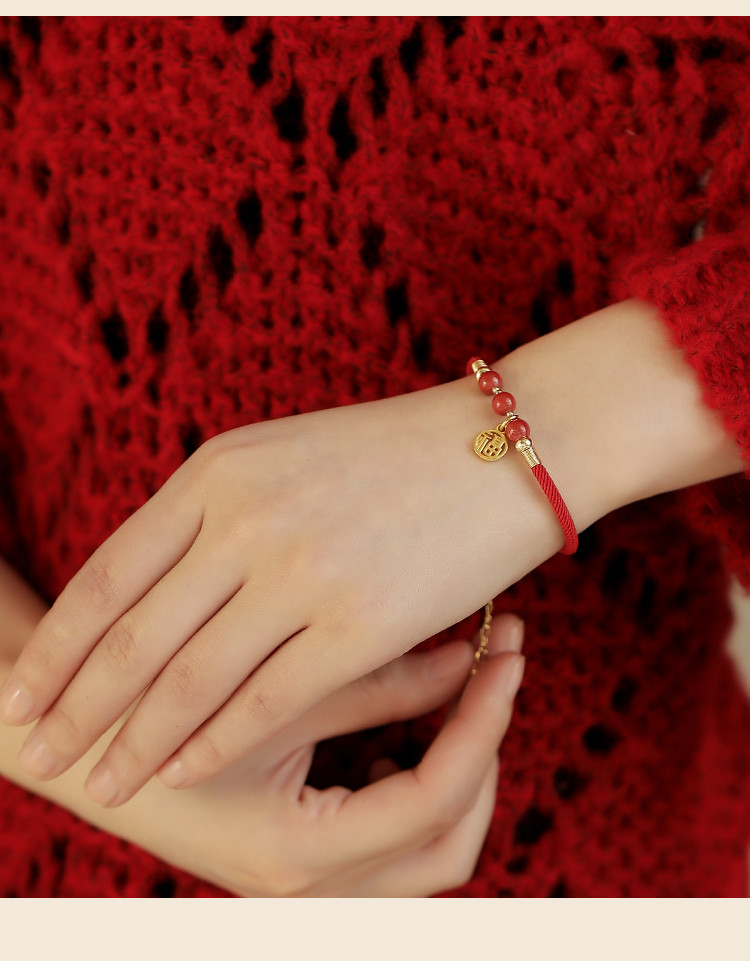 红绳手链女小福牌朱砂饰品转运珠手工编织红绳本命年红手绳 福慕