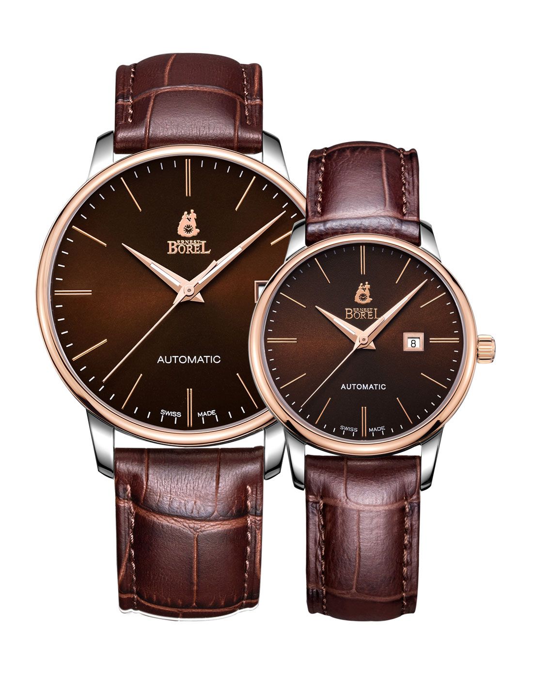 简约玫瑰金日历透底机械情侣表