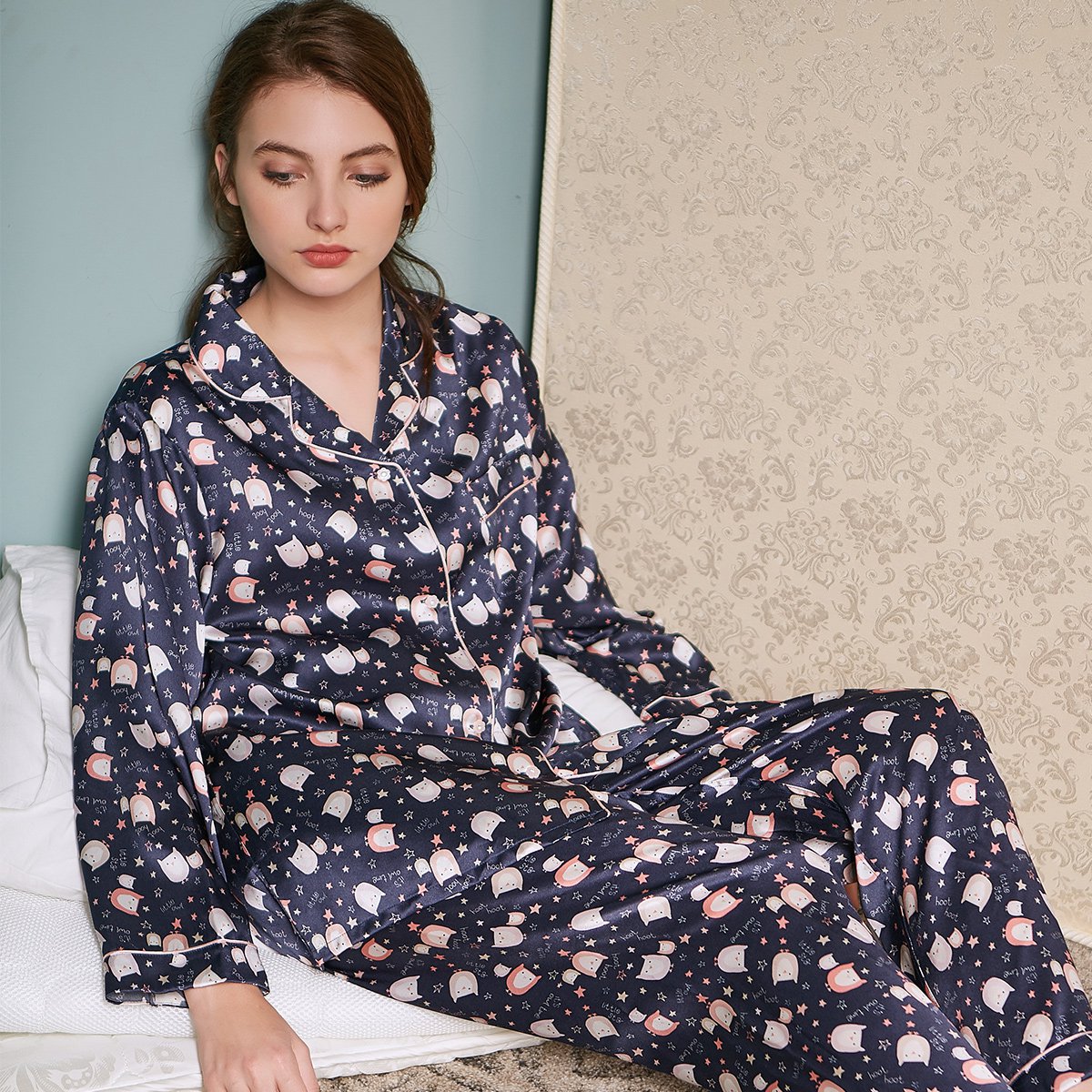 美标春秋长袖套装19姆米重磅桑蚕丝丝绸夏家居服女士真丝睡衣