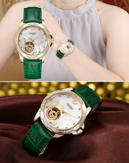 卡罗莱时尚镶钻音符全自动机械女表简约进口机芯女士手表