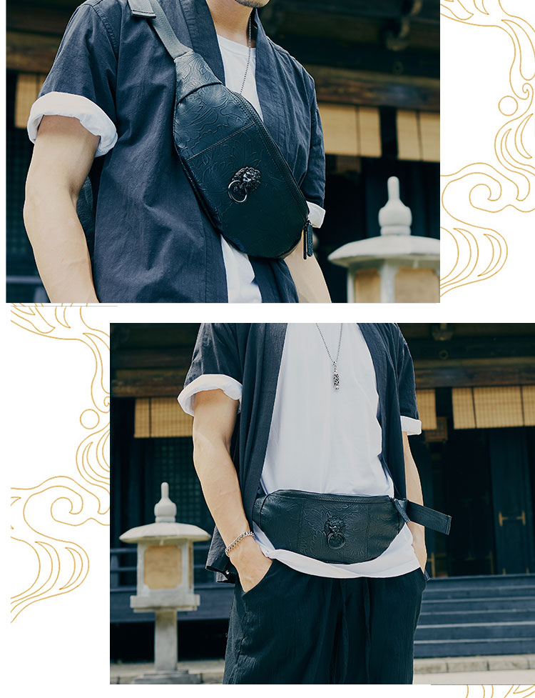 yok腰包男士中国潮牌时尚潮流挂包青年休闲小包铁环狮子头零钱包