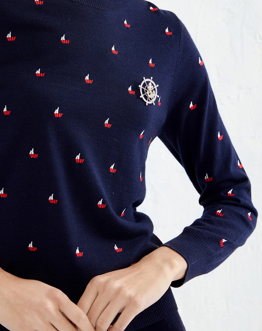 18春帆船绣花套装简洁羊毛针织衫女