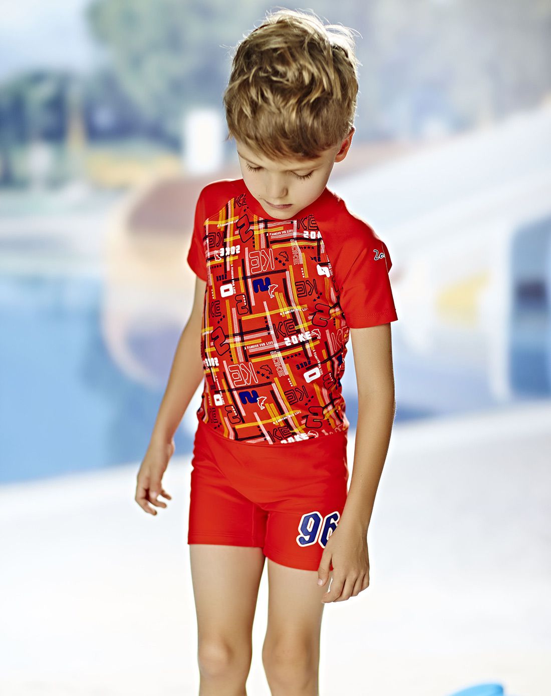 洲克男士儿童亮红底连体泳衣送泳帽套餐