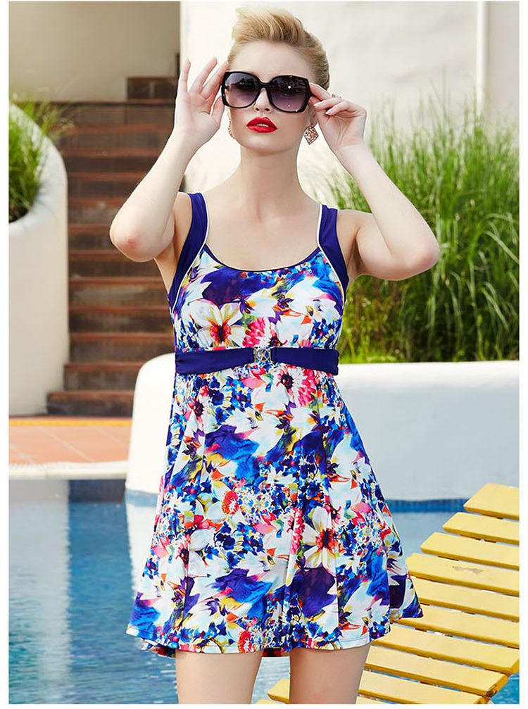 洲克女士紫兰花组连体裙摆泳衣送泳帽套餐