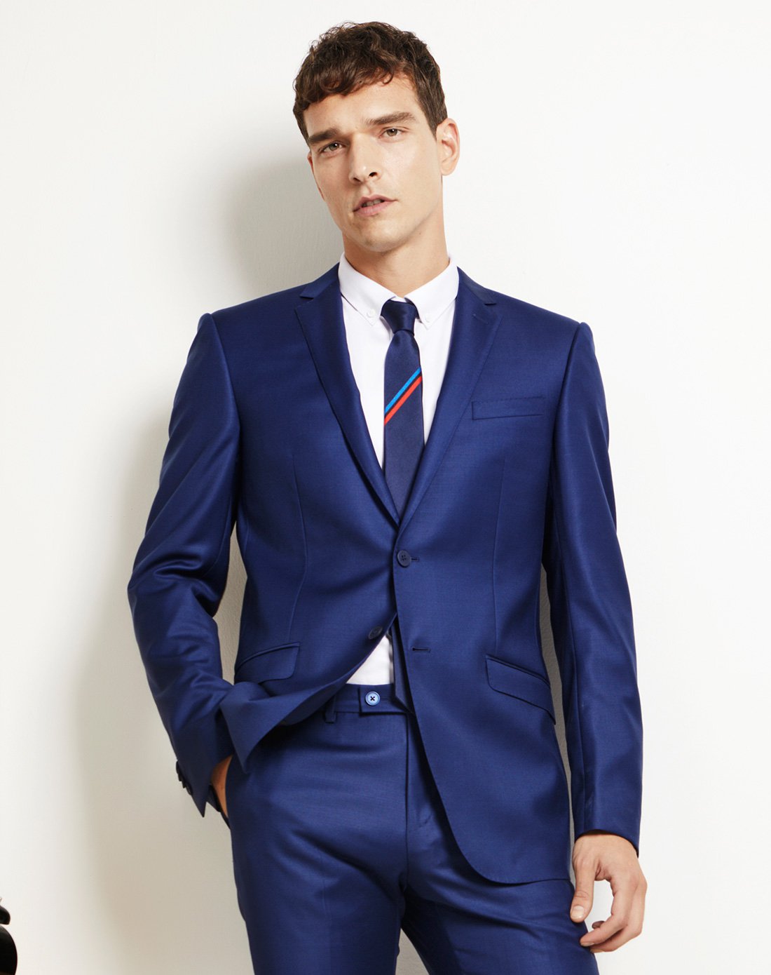 威可多vicutu男士商务修身蓝色纯羊毛西装上衣