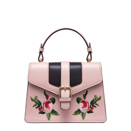 时尚百搭刺绣牛皮女包浪漫花卉凯莉包包单肩斜挎女包