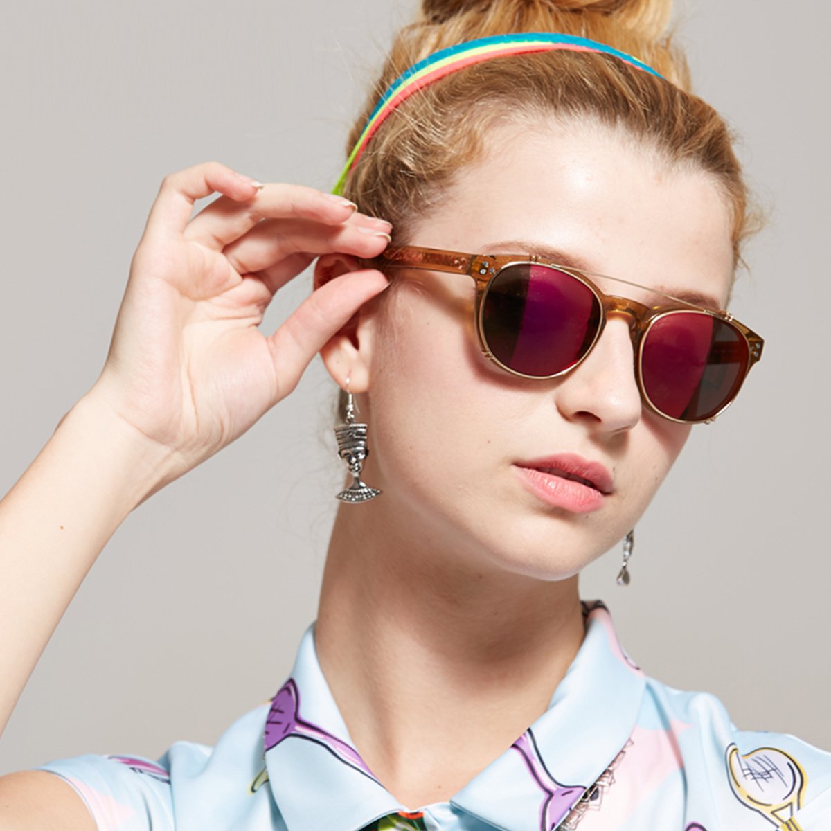 美国好莱坞潮牌 简约时尚圆形可拆卸式墨镜挡片眼镜框精致图案偏光