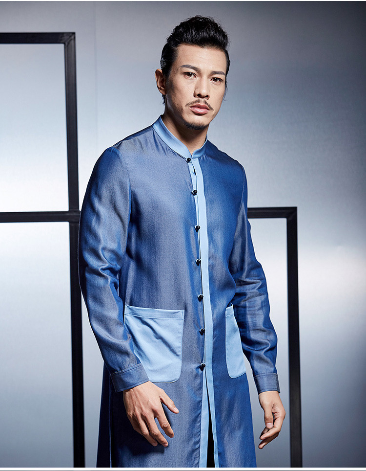 意树中国风原装男装 秋季长袖无领撞色拼接中长款衬衫