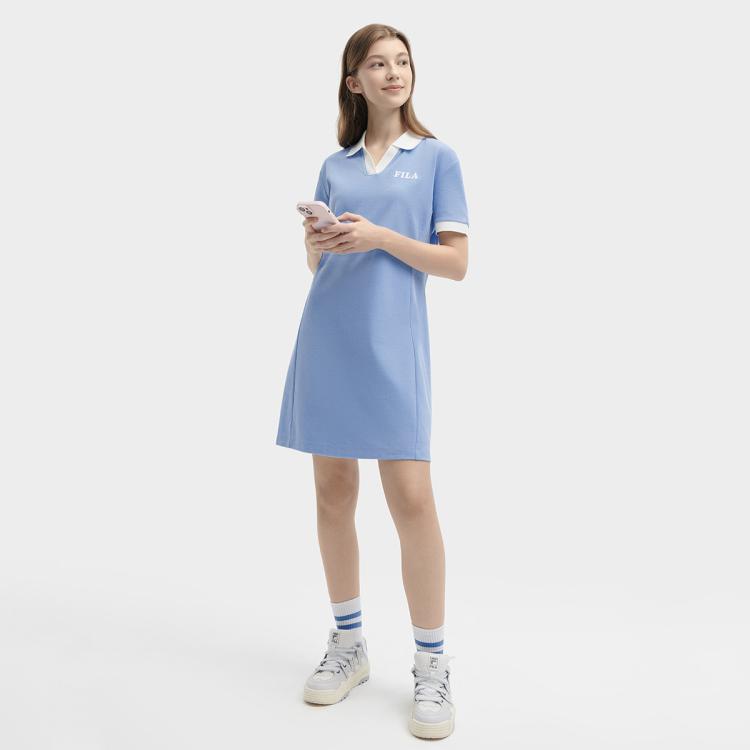 Fila 女装连衣裙女针织polo领多彩连衣裙女优雅休闲百搭连衣裙 In Blue