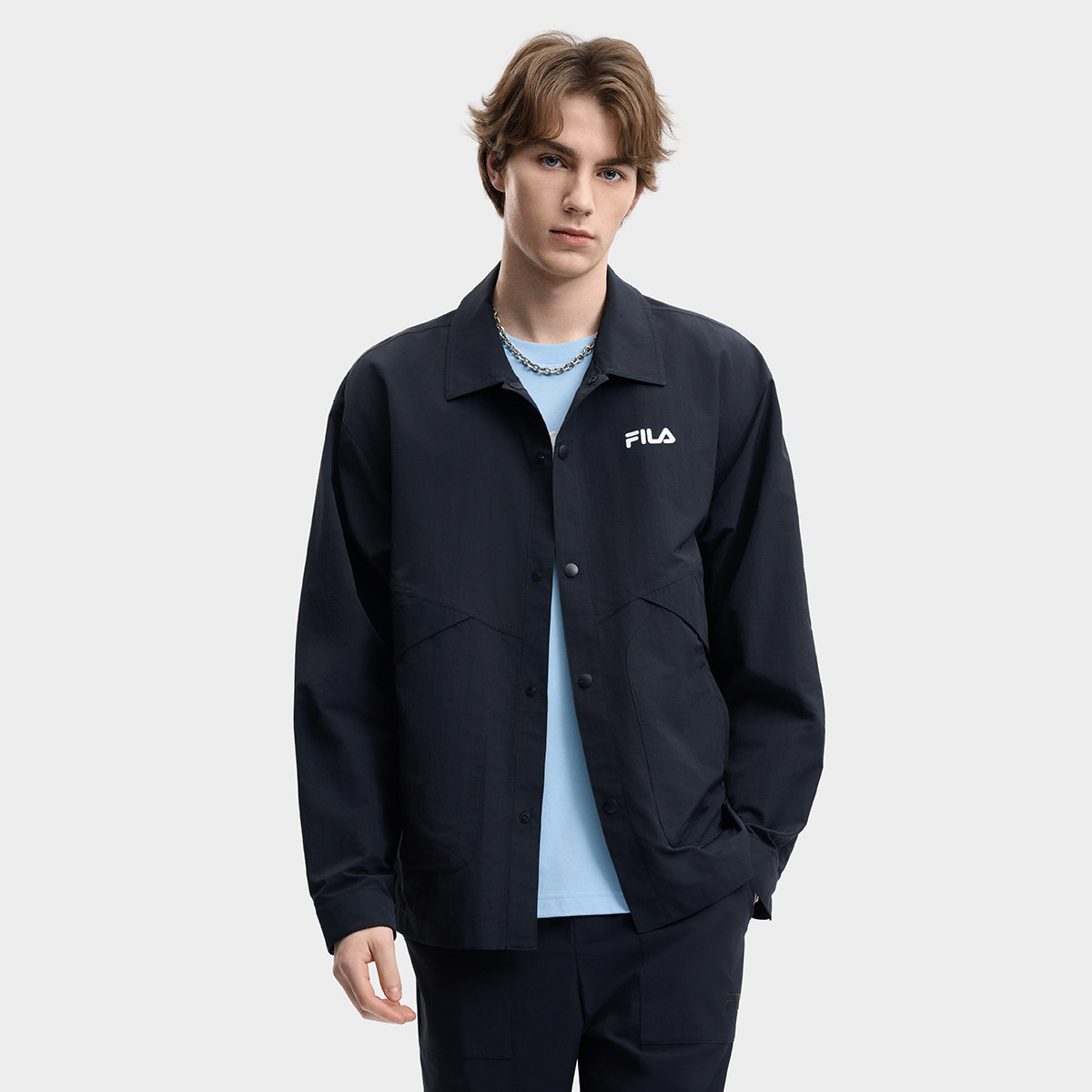 FILA 斐乐男式衬衫翻领工装夹克时尚百搭日常休闲宽松梭织长袖外套