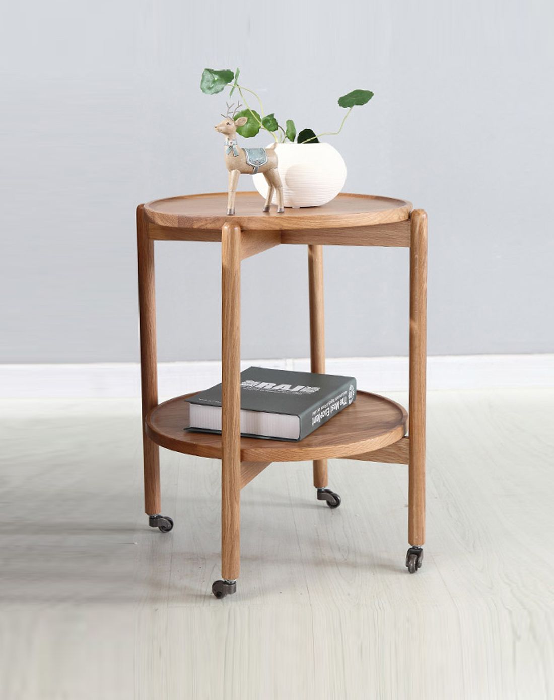 带脚轮双层圆盘简约实木清漆茶几