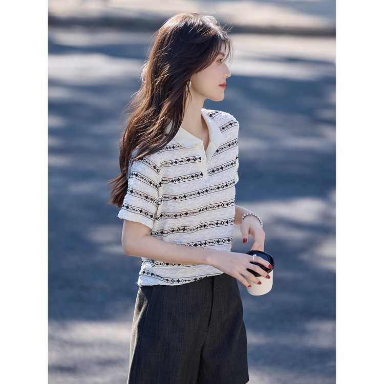 尚静 【浮雕提花条纹polo领】26年夏新小个子气质百搭短袖T恤女