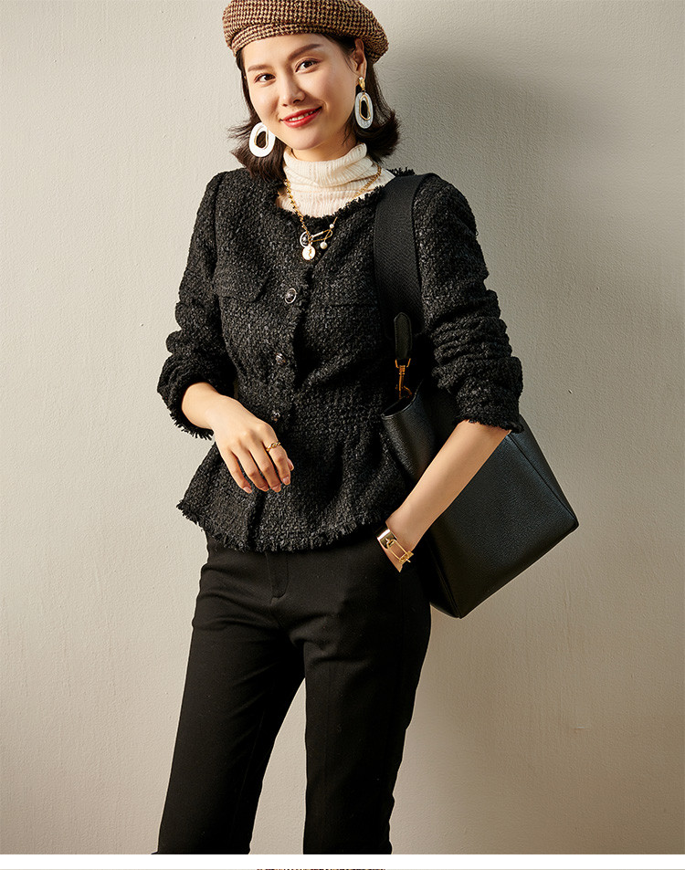 2020秋冬粗花呢高腰小香风外套黑色短款时尚外套
