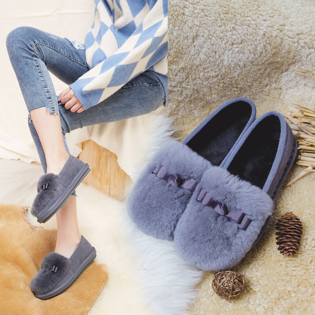 韩版秋冬季甜美蝴蝶结真皮兔毛棉瓢鞋加绒豆豆鞋平底毛毛鞋女单鞋潮