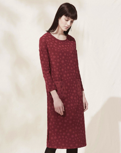 摩尼菲格女装清仓专场宽松圆点落肩开衩直筒长袖连衣裙深红