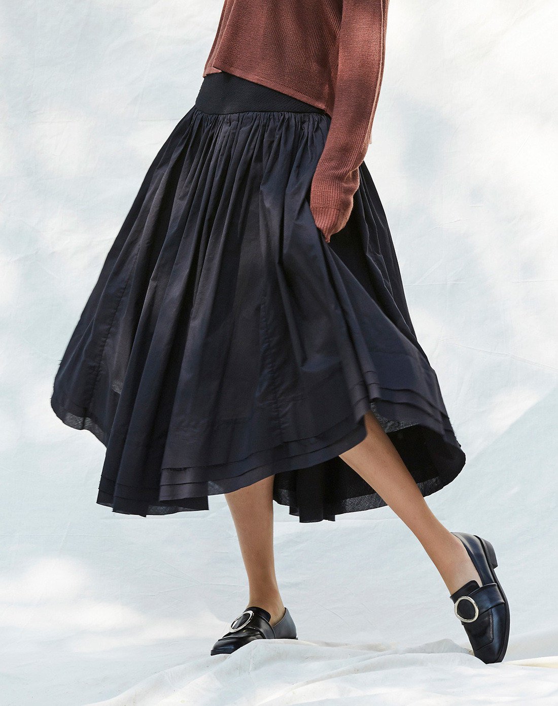 100%棉拼接感不规则半身中长裙紫红