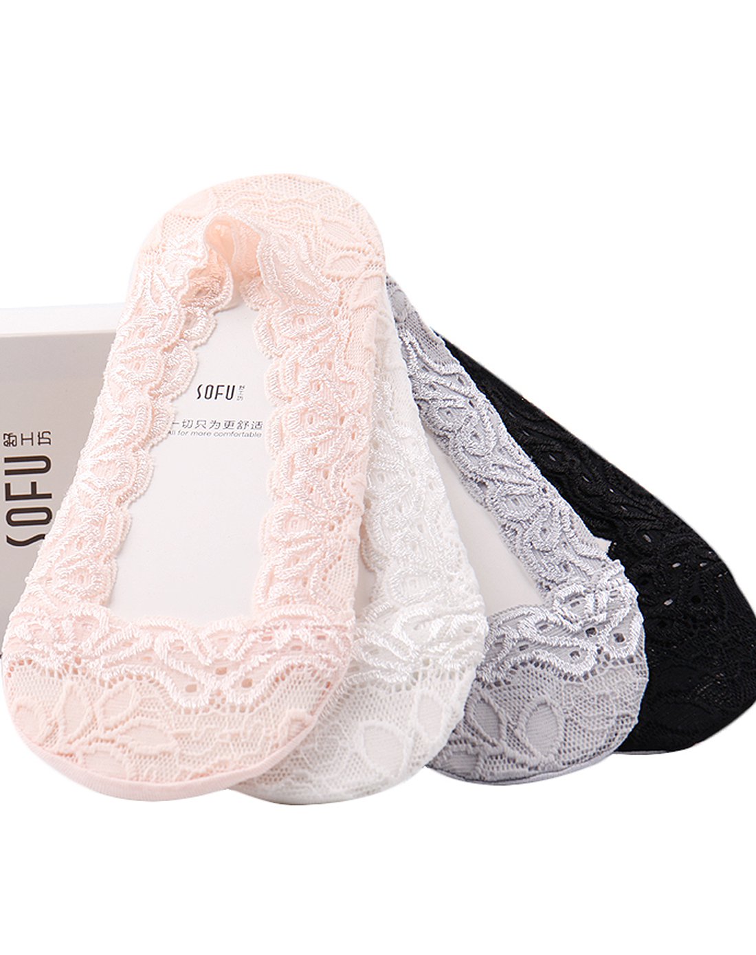 女士4双装蕾丝浅口隐形船袜混色