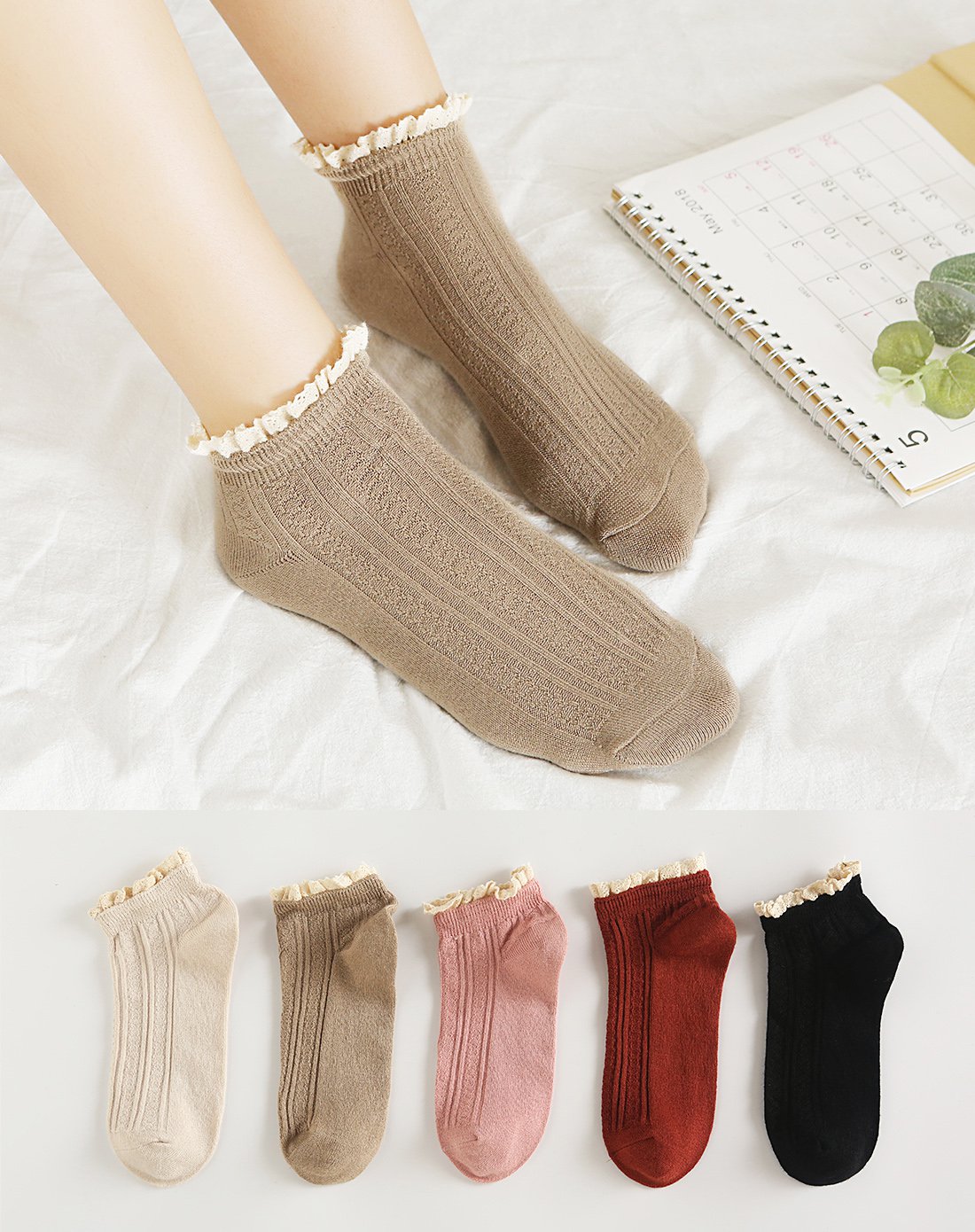 5双装舒工坊多色可选粗针蕾丝花边休闲百搭女士袜子女袜子