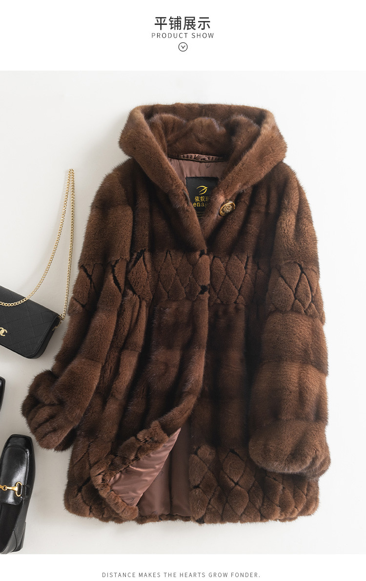 丹麦进口水貂女士连帽貂皮大衣整貂皮草外套
