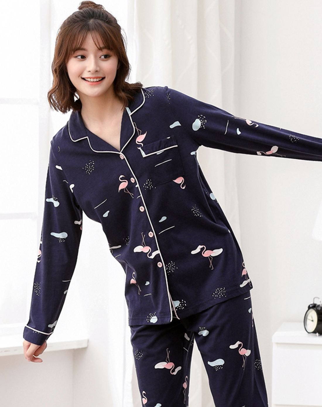 纯棉双面针织睡衣印花国民领长袖女士家居服套装