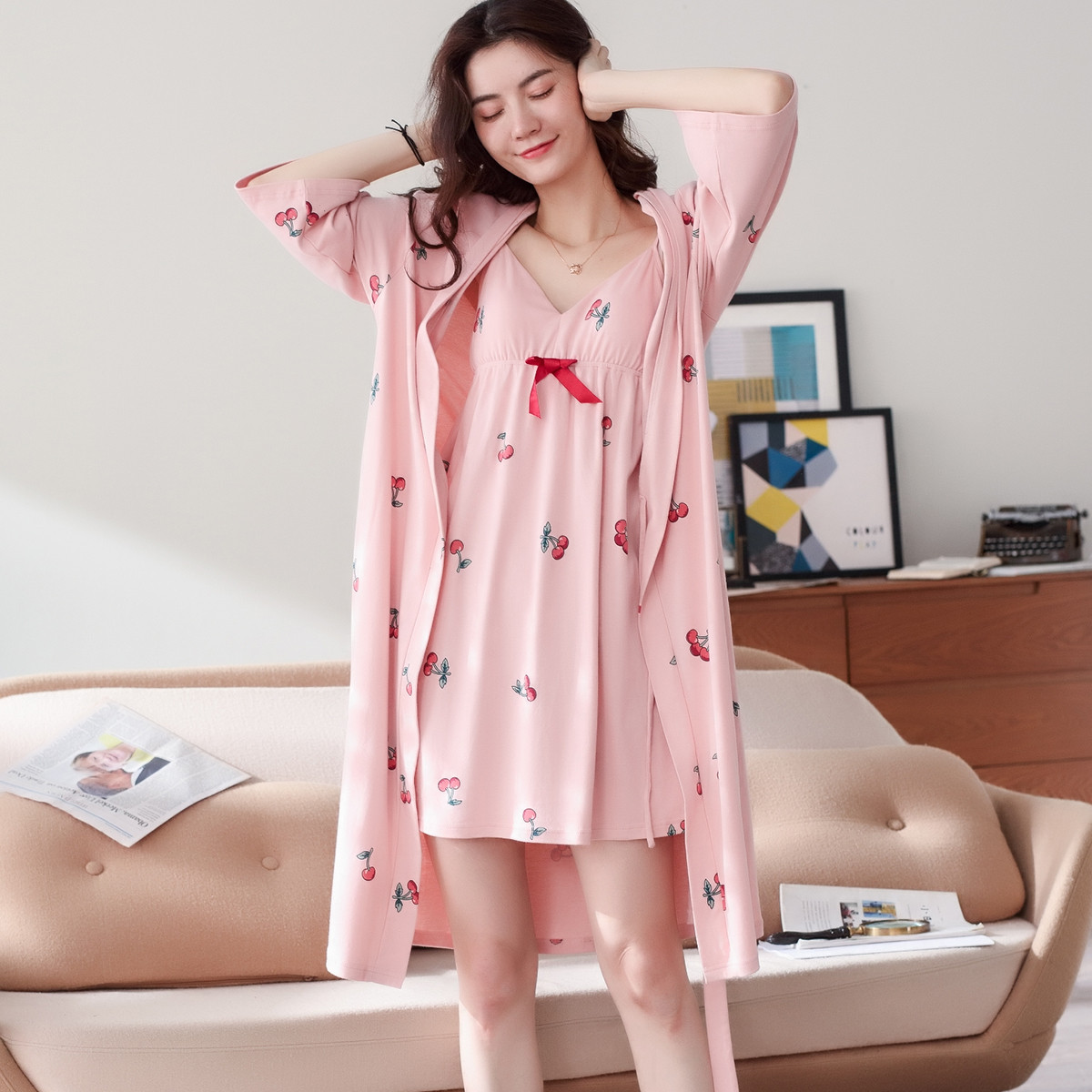 秋季纯棉小樱桃吊带睡衣两件套长袖女袍