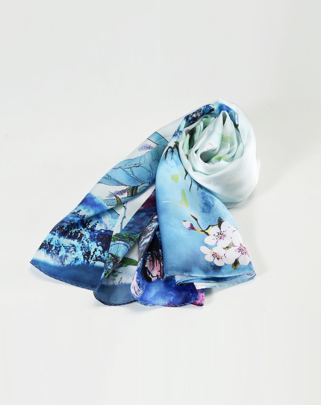 2018年新款桑蚕丝女印花真丝围巾时尚复古旗袍百搭韩版春夏长巾 荷叶