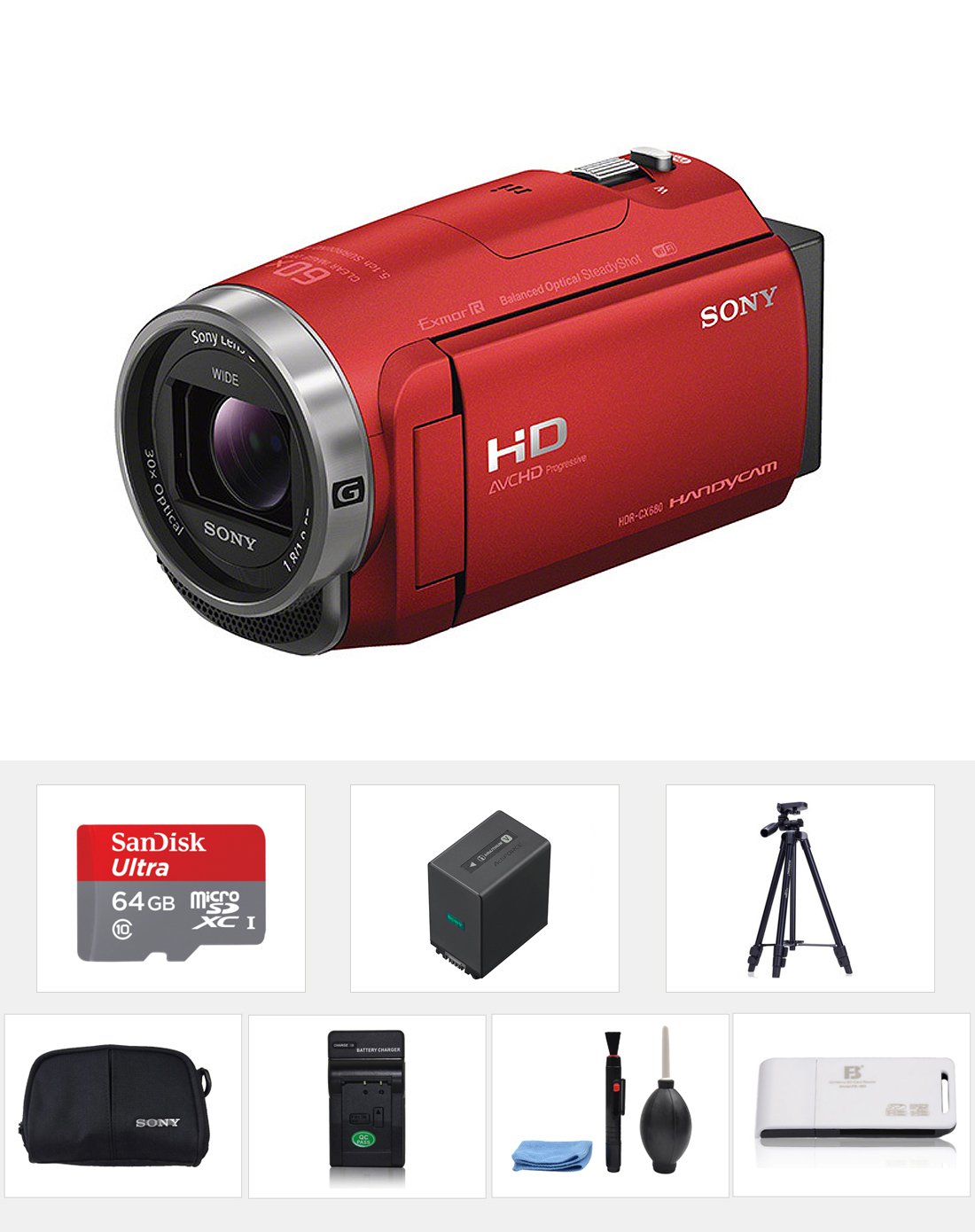 索尼新款hdr-cx680e 5轴防抖 wifi传输 高清数码摄像机 红色 64g索尼