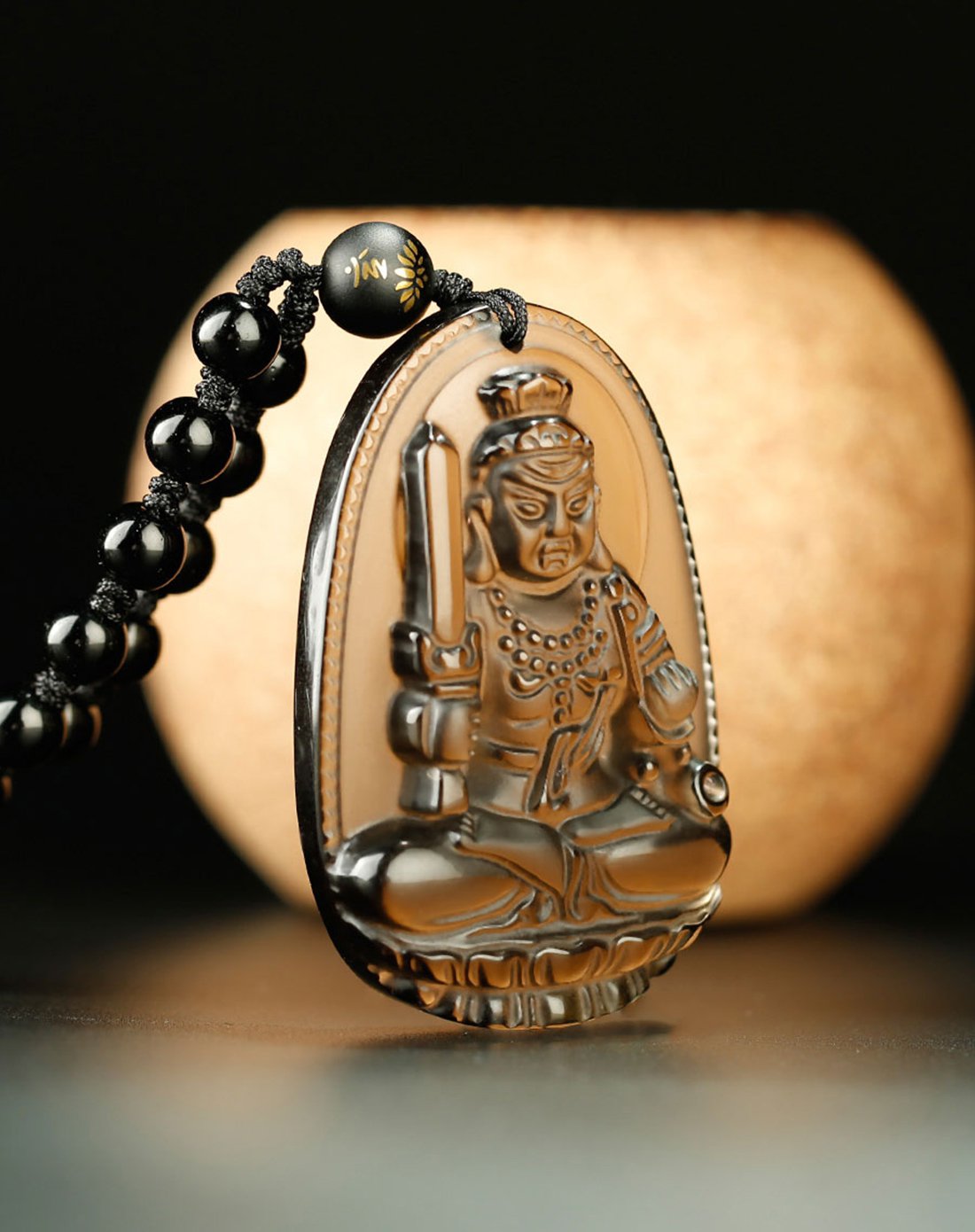 开光冰种黑曜石本命佛吊坠生肖属狗本命年不动明王文殊菩萨