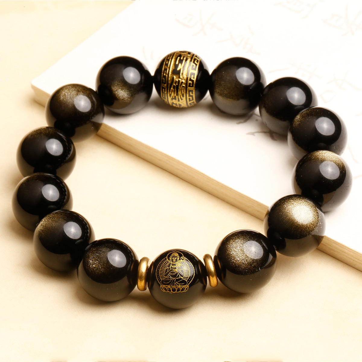 黑金曜石本命佛手链女士男款十二生肖属相护身佛阿弥陀佛虚空藏手串
