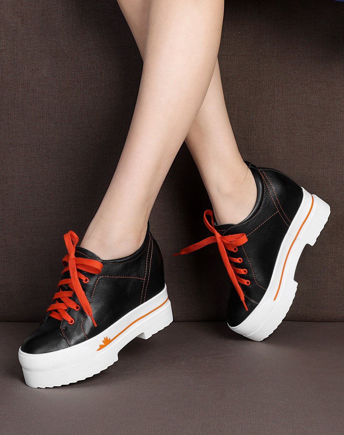 松糕鞋女厚底2017春季新款系带平底休闲韩版皮面圆头黑色