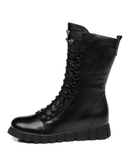 英伦复古靴子平底真皮头层牛皮中筒靴冬皮靴女鞋