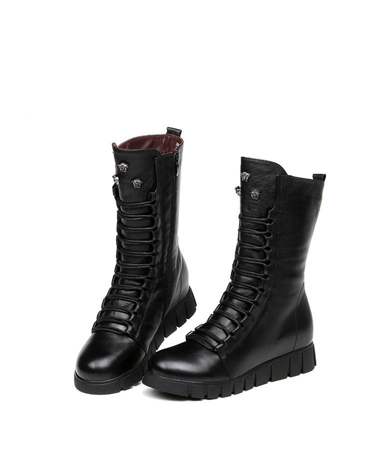 英伦复古靴子平底真皮头层牛皮中筒靴冬皮靴女鞋