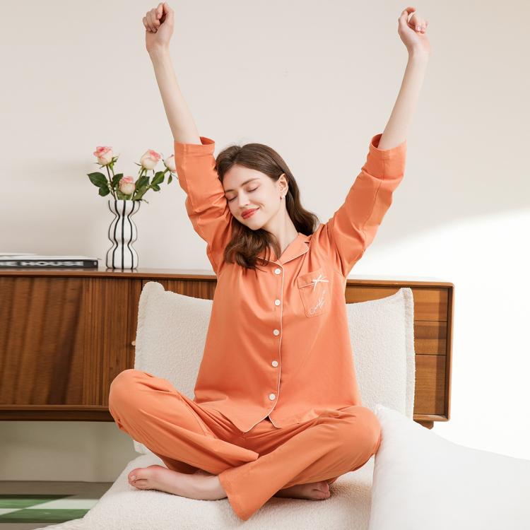 芬腾 【100%纯棉】开衫长袖纯色可外穿女士家居服套装睡衣女