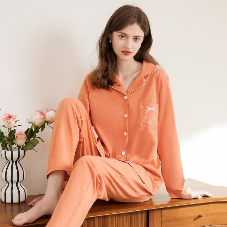 芬腾 【100%纯棉】开衫长袖纯色可外穿女士家居服套装睡衣女