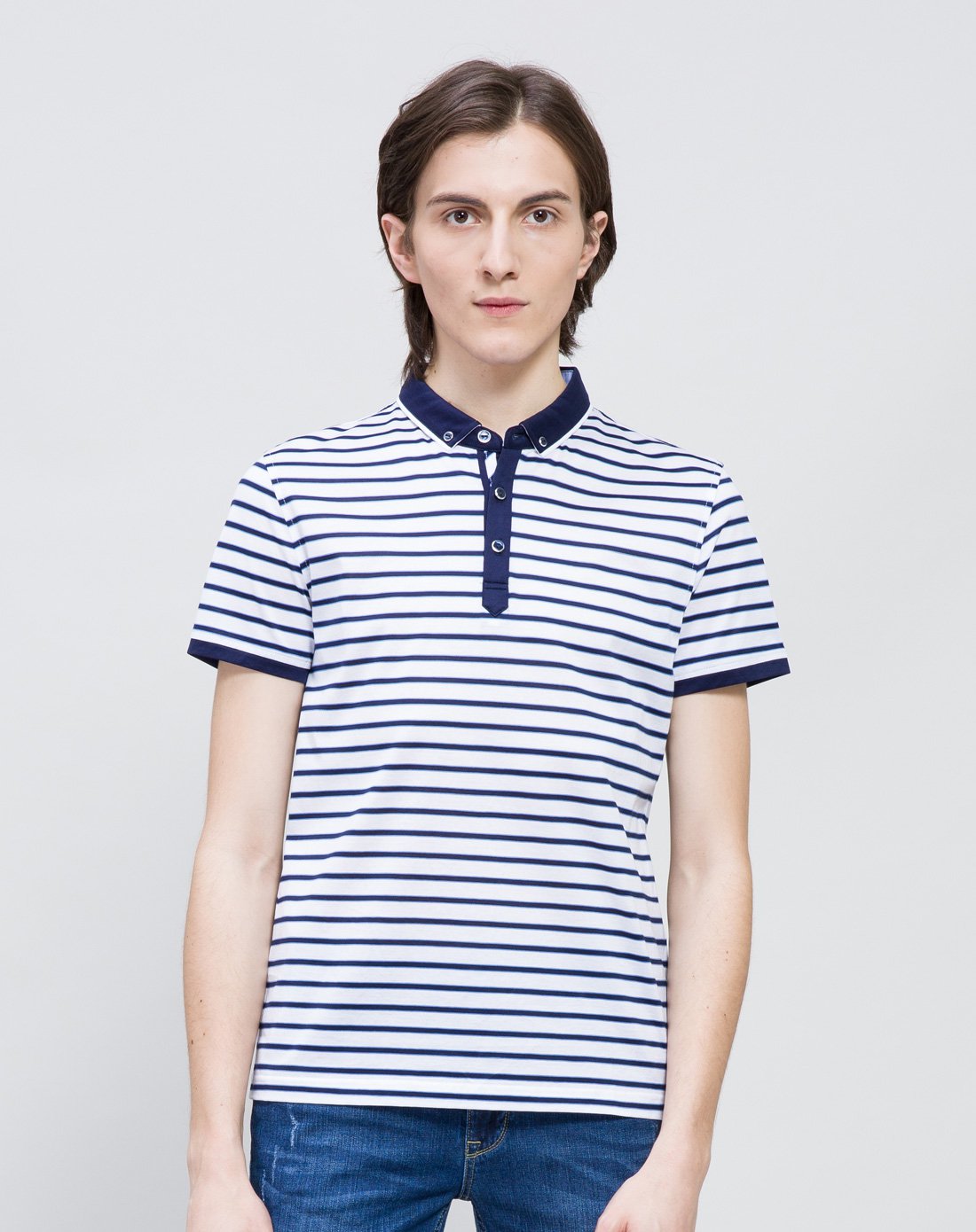 lilanz/利郎丝光棉短袖t恤男士条纹商务休闲polo衫6xtx1162y 白蓝间色