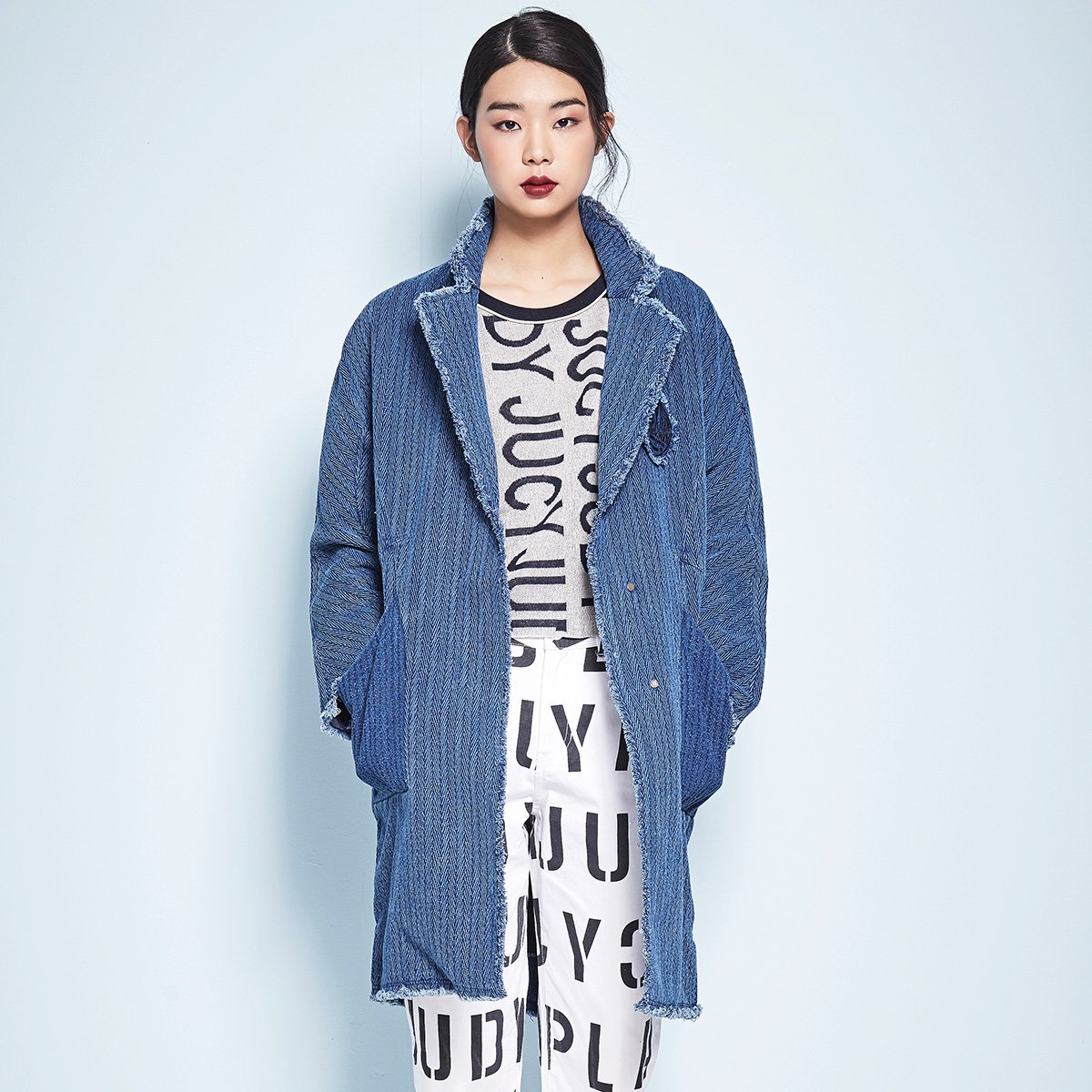 百家好basic house旗下女装品牌百家好旗下jucy judy 毛边翻领时尚长