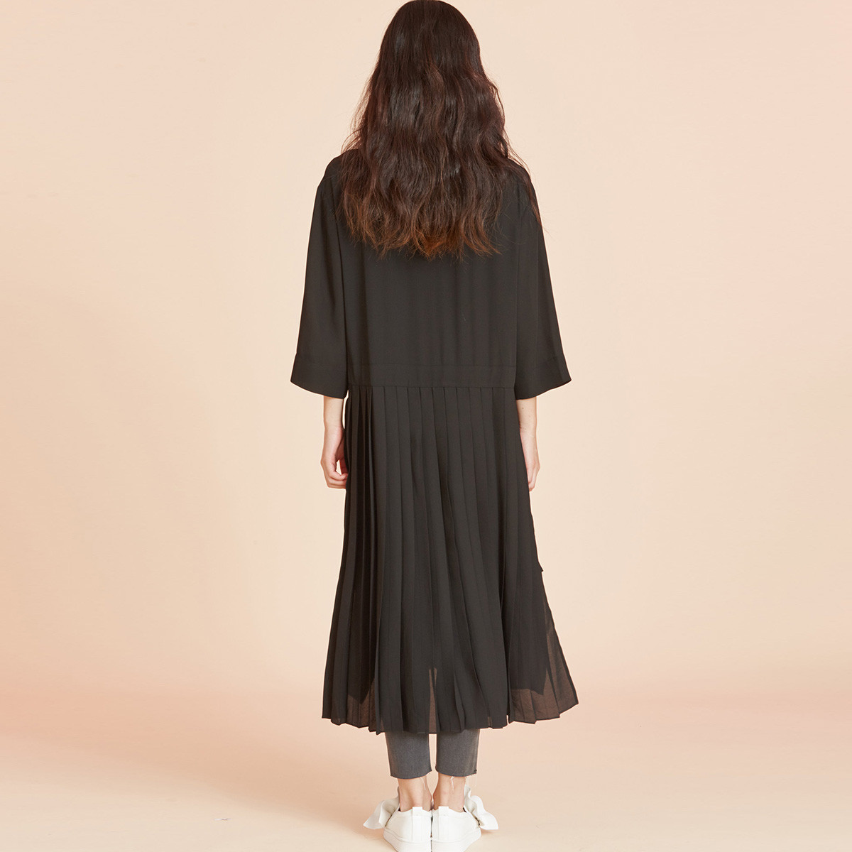 百家好韩版秋季褶皱设计宽松版型花边长裙雪纺女式连衣裙