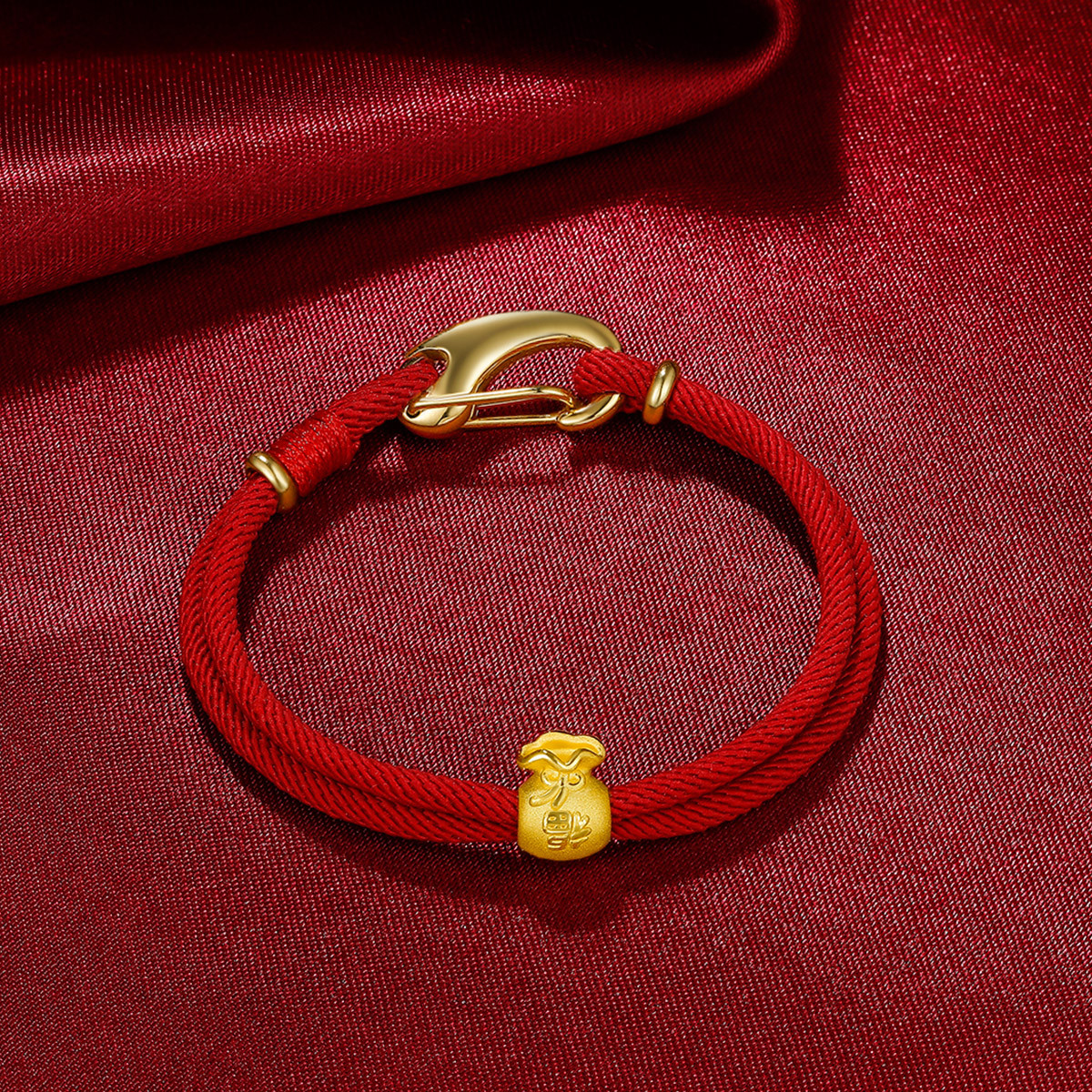 吉盟珠宝足金福袋转运珠3d硬金富贵男女款正品黄金手链吉祥福字