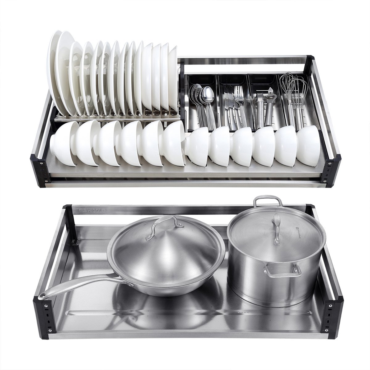 悍高304不锈钢双层加厚碗碟拉篮厨房橱柜拉篮