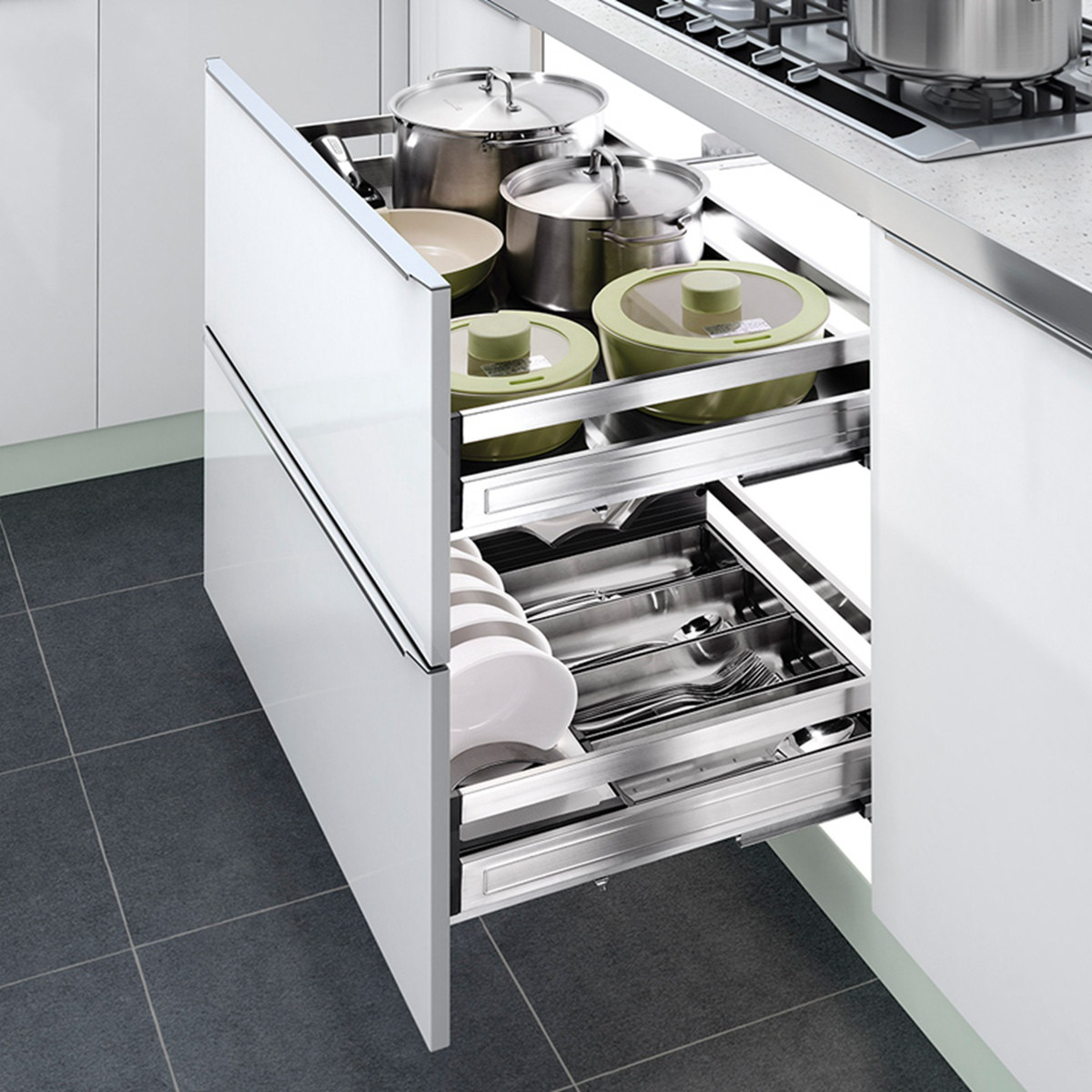 悍高【304不锈钢橱柜拉篮】厨房抽屉式双层碗碟收纳架带阻尼导轨